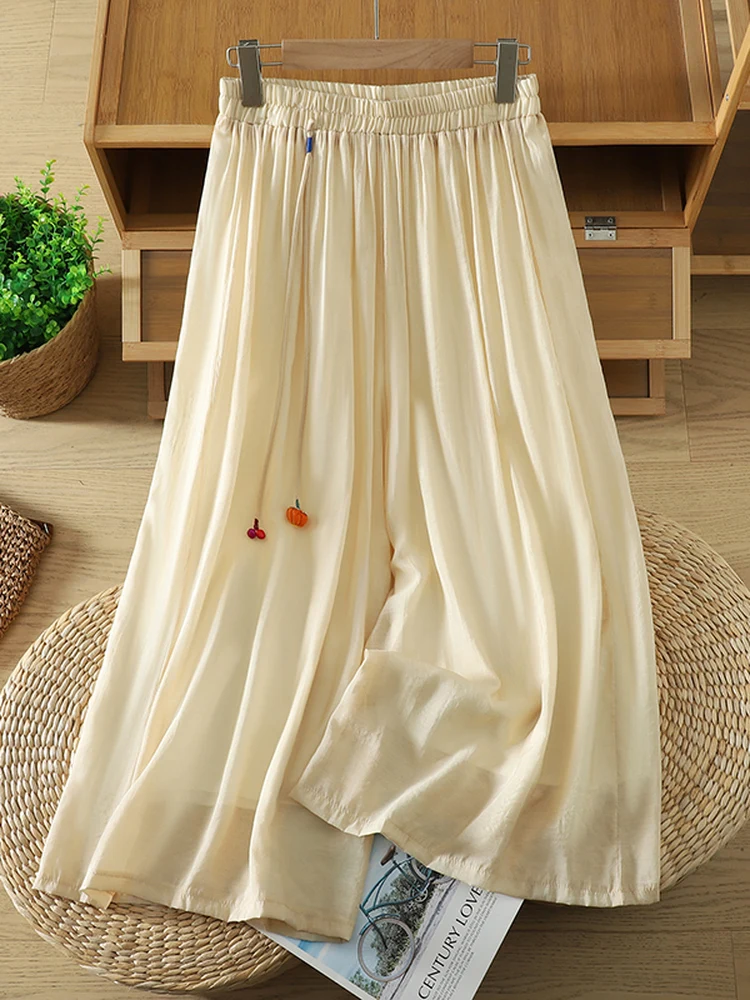 

New Chinese Style Pure Color Wide Leg Pants Women Summer Thin Loose Large Size Casual Nine Points Trousers Breathable Casual ...
