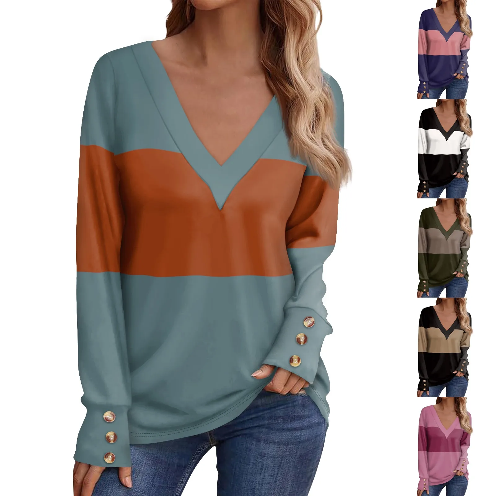 Ladies' Casual Long Sleeved V-neck Printed Decorative Button T-shirt Top Tops for Women Womens Tops and Blouses 2024 Dressy Tops