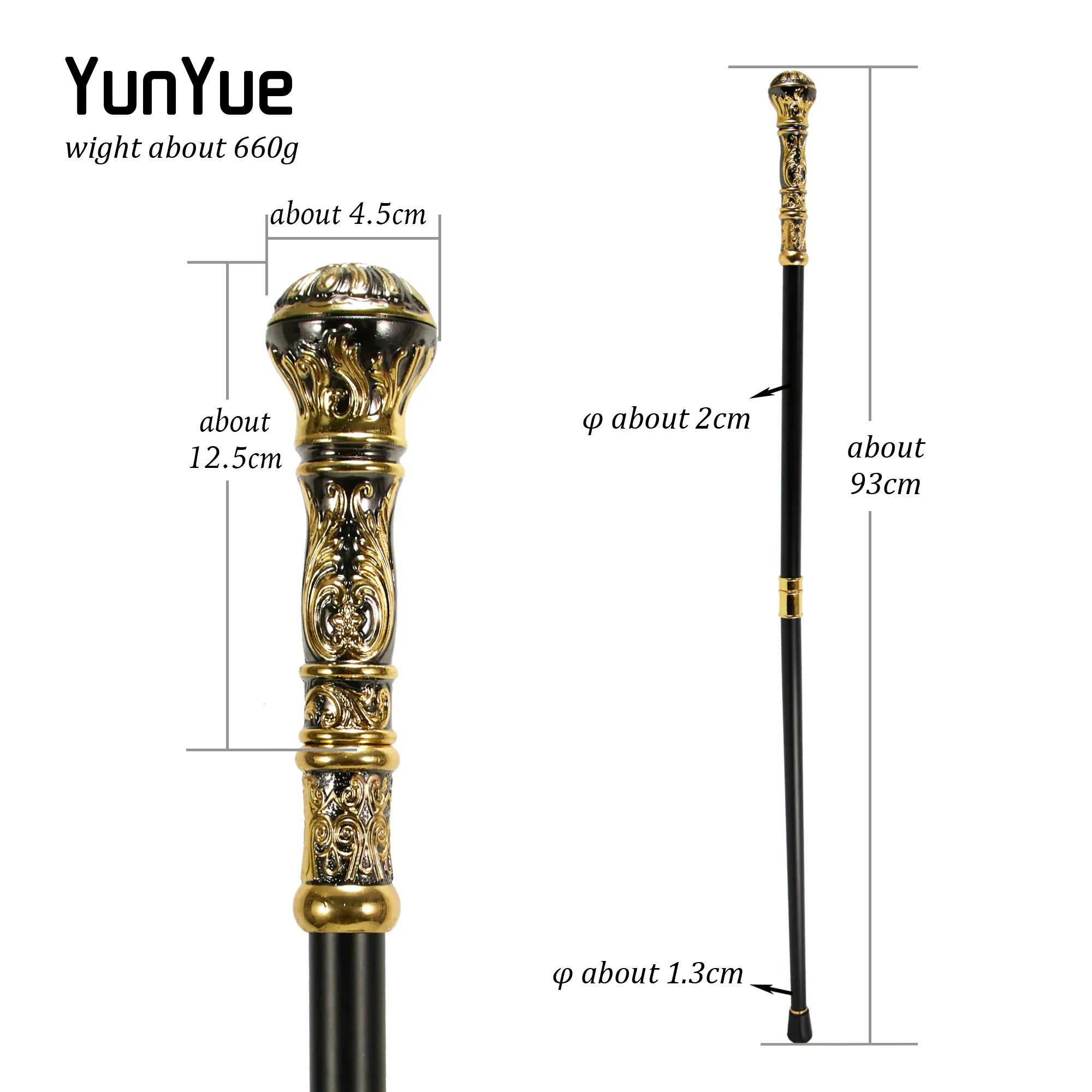 Golden Black Luxury Round Handle Fashion Walking Stick for Party Suits Decorative Walking Canes Gentlemen Elegant Vintage Cane