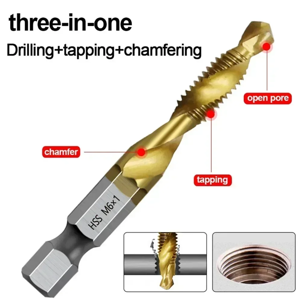 1PC Hex Shank HSS Screw Thread Tap Drill Bits Titanium Plated Screw Machine Compound Tap M5 M6 M8 M10 Hand Tools