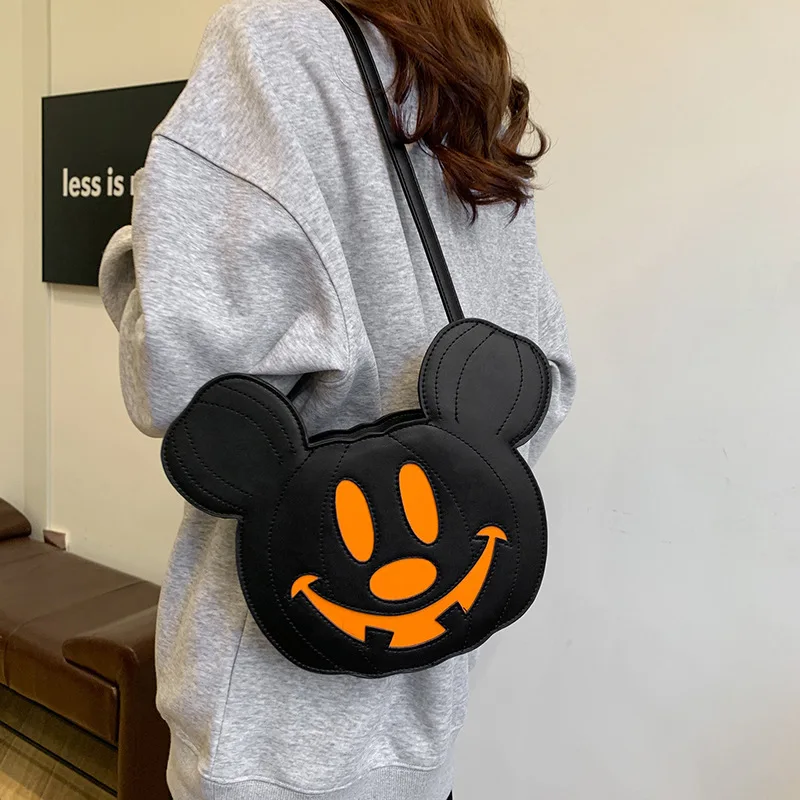 Disney Mickey Creative Shoulder Bag Personalized Niche Halloween Pumpkin Funny Women's Bag PU Crossbody Bag Cartoon Bag