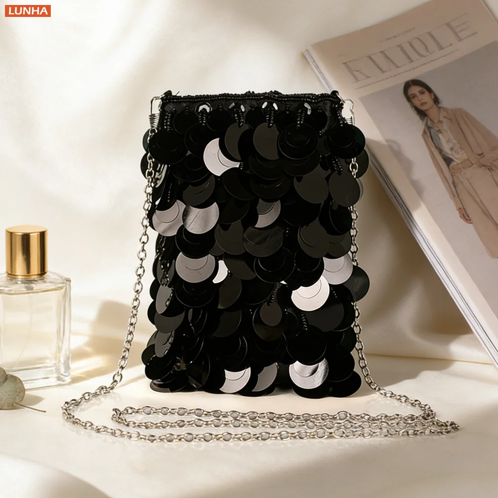 

Women's Bling Disc Sequined Purse Metallic Beaded Evening Bag Shiny Small Shoulder Crossbody Cellphone Bags for Disco Party Prom