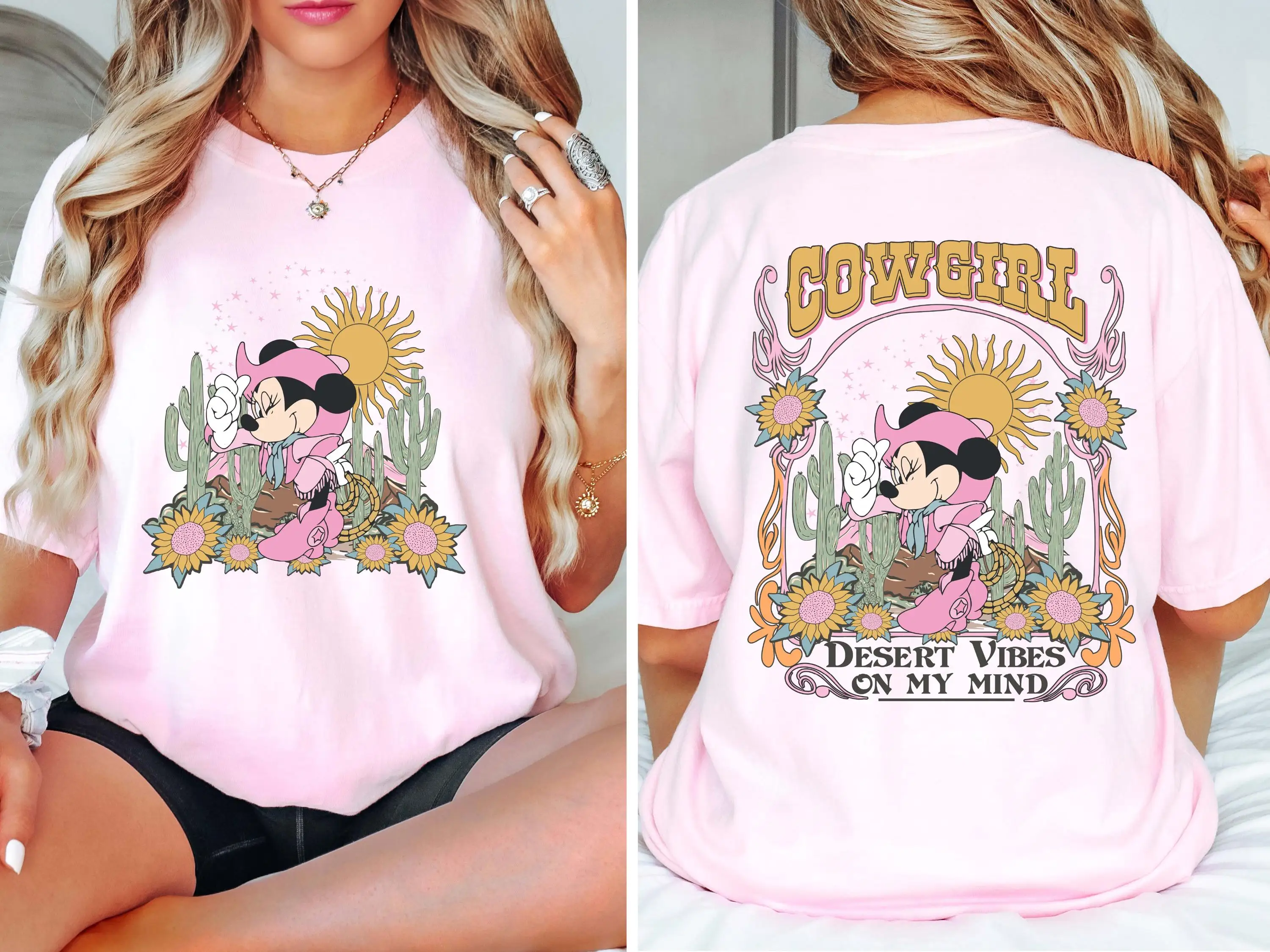 

Western Cowgirl Minnie Mouse T-Shirt for Women Short Sleeved Cotton Tees Disney Desert on My Mind Shirt Y2k Tops Women's T-Shirt