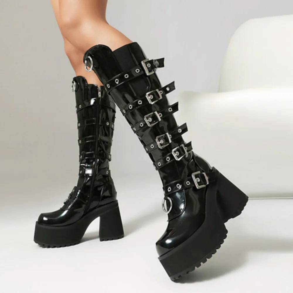 

2024 2025 2026 Industrial Punk Rock Gothic Knee High Motorcycle Biker Boots Women O Ring Buckle Platform Chunky High Heels Shoes