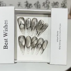 Press On Nails Crystal Cat's Eye Handmade Fake Nails Long Almond 3D Silver Stripes Decor Gradient French False Nails Wearable