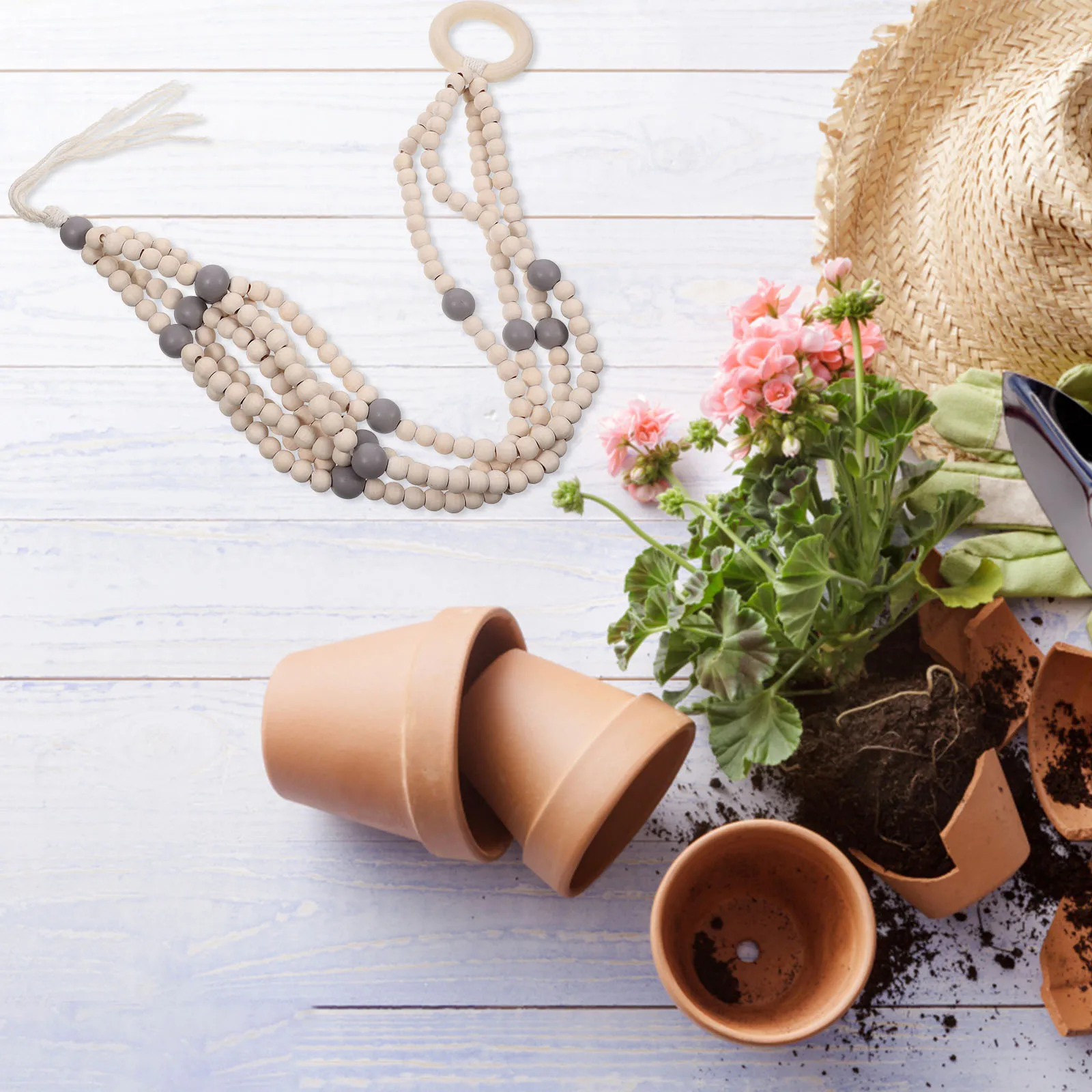 

Wood Beads Plant Hanger Rustic Cotton Rope Hanging Planter Basket Indoor Wall Mount Holder Decorative Flower Pot