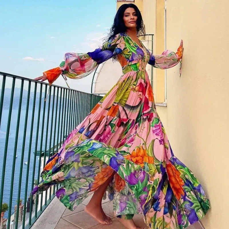 Traje de baño para mujer, cuello en V, manga larga, estampado de flores, traje de baño de una pieza y falda, ropa de playa, traje de baño, bikini de dos piezas
