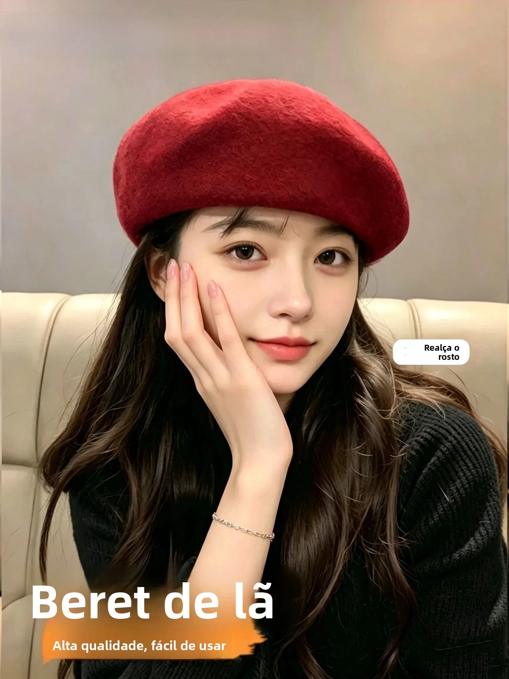 original-autumn-winter-cotton-wool-beret-hat-women's-face-slimming-red-simple-painter-hat-adjustable-round-top-no-brim-foldab