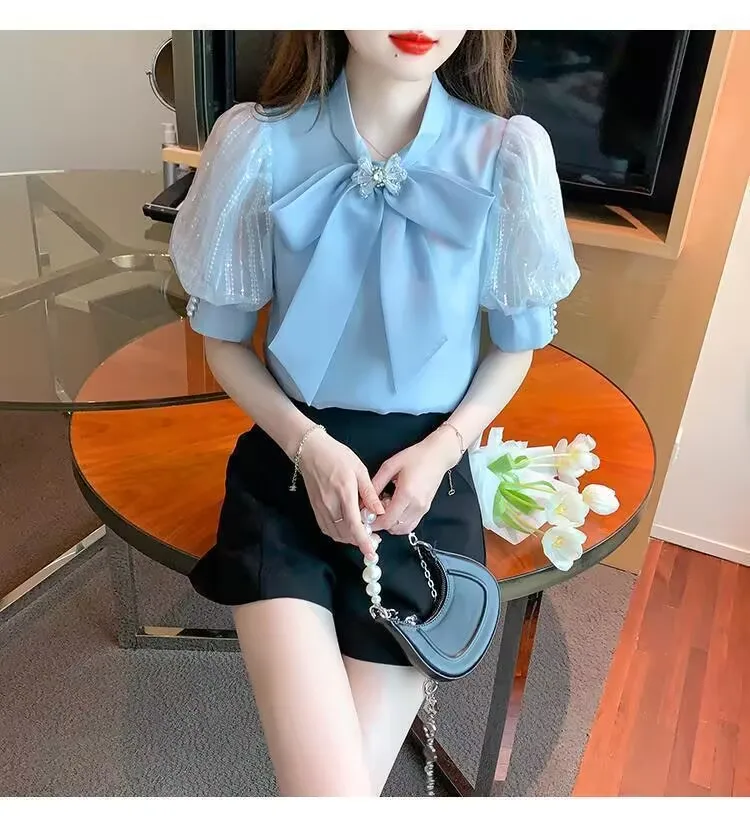 2025 Summer Chiffon Short Sleeve Shirt Women Puff Sleeve Bowknot Shirt Office Lady elegant White Base Shirt Female Cool T-shirt