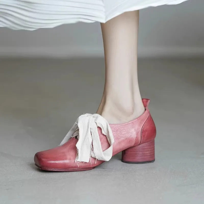 

New Fashion Washed Horsehide High Heels Women Leather Shoes Lace Up British Pumps Pink Genuine Leather Retro Single Shoes