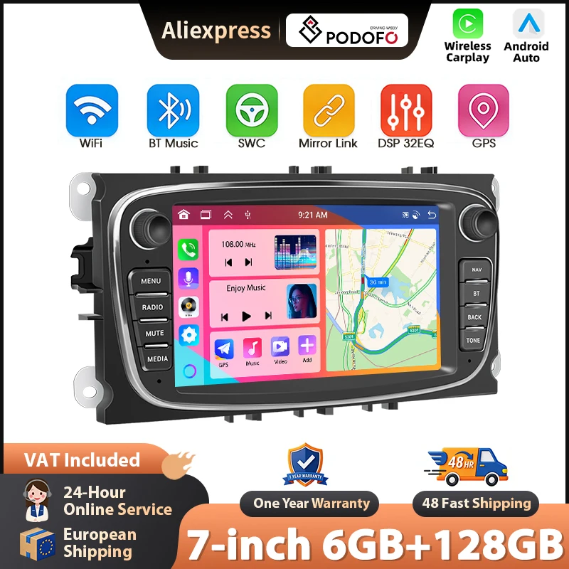 Podofo 7-Zoll 6+128G Autoradio für Ford Focus Mondeo C-MAX S-MAX Galaxy II Kabelloses CarPlay Android Auto-Multimedia-Stereo WIFI GPS-Navigation FM/RDS BT 2din Haupteinheit HD EQ Touchscreen
