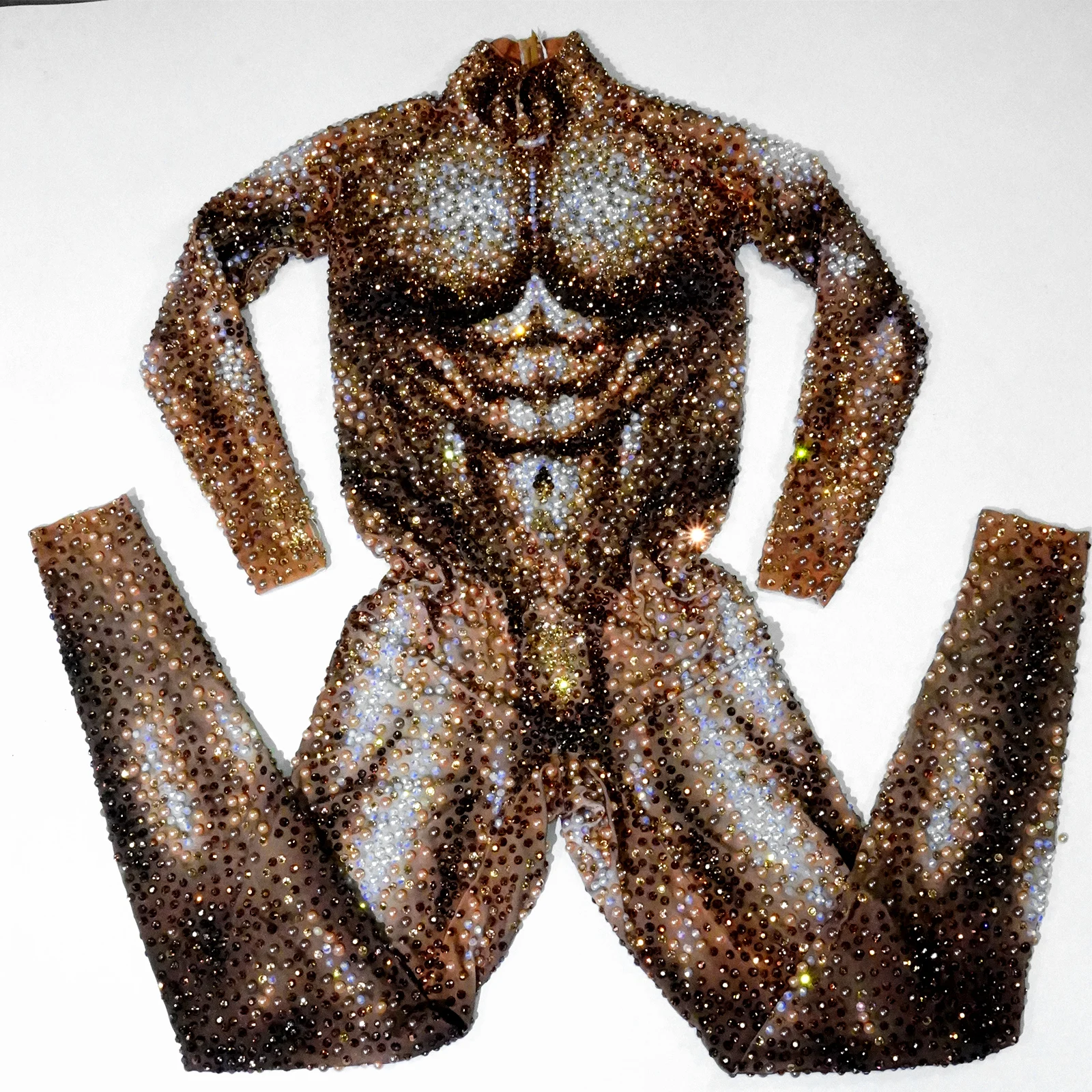

Men's Luxurious Rhinestones Pearl Nude Muscle Jumpsuit Pole Dance Rave Flesh Color Leotard Stage Bar DJ Celebrate Costume Outfit