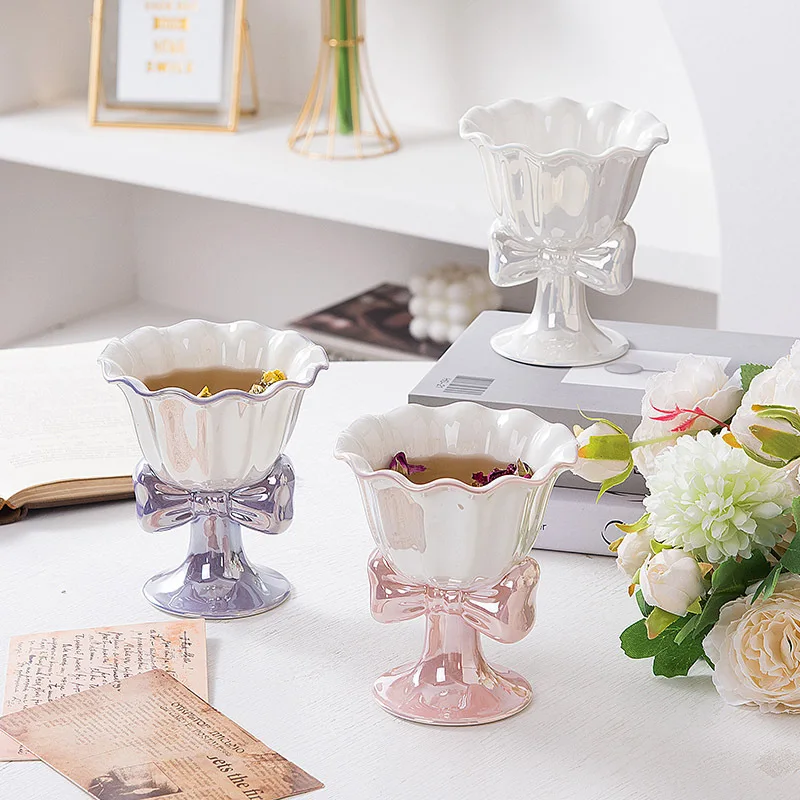 Creative Bow Ice Cream Cup Ceramic Bow High Heel Cup Design Sense Home Oat Milk Breakfast Cup Salad Bowl Birthday Gift