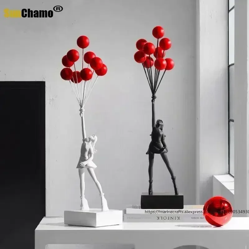 Modern Art Balloon Girl Statues Banksy Graffiti Flying Balloons Sculpture Resin Craft Living Room Decoration Home Decor Gift INS