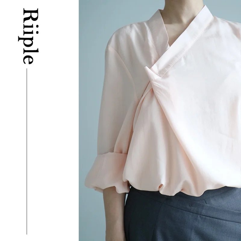 

mat Loose Diagonal Button irt Women's Premium Faion Pure Color Commute Sle V-ne Long Sve Regular Length