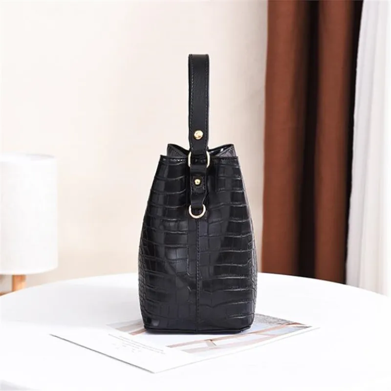 Vintage Stone Leather Handbag Shoulder Crossbody Bags Fashion Female Bucket Bag Large Capacity Women Tote Bag