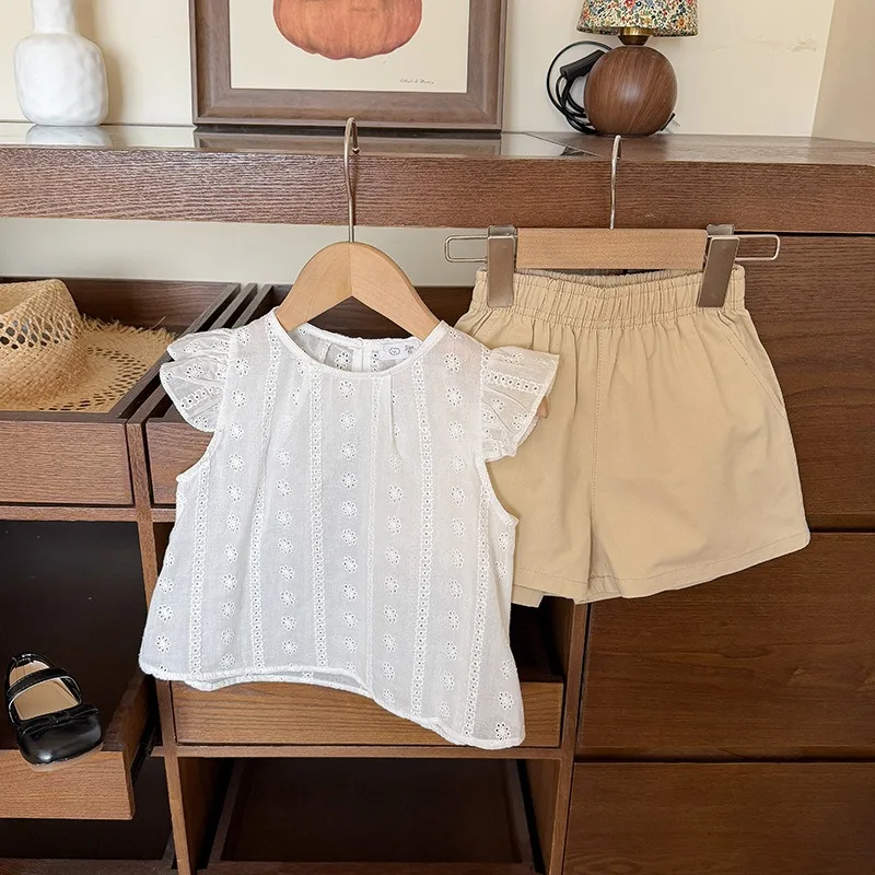 

Летний комплект для девочек 2026: корейский стиль, хлопок, белый, с вырезами, в стиле принцессы, рубашка и шорты, две части