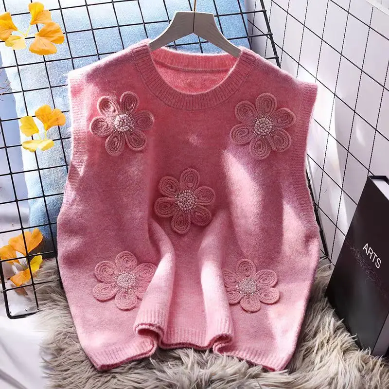 جديد ثلاثية الأبعاد زهرة س الرقبة أكمام محبوك سترة سترة المرأة بلايز تانك صدرية الكورية الحلو الفتيات سترة سترات القمم ربيع 2026 #1