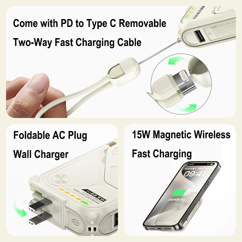 بنك طاقة لاسلكي مغناطيسي مع كابل USB C قابس تيار متردد 22.5 وات شاحن سريع بطارية خارجية لهاتف Magsafe iPhone 17 16 15 14 Samsung
