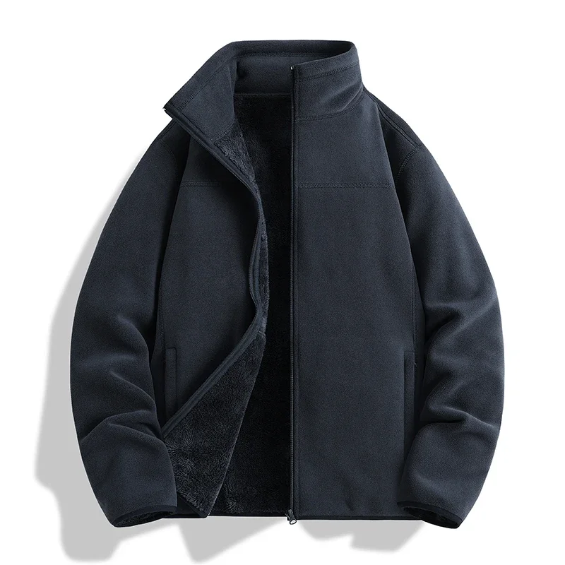 Herbstliche, leichte, beidseitig gefütterte Fleecejacke, Unisex, mit Stehkragen, dick, warm, mit flauschigem Innenfutter, Herren- und Damenmodell, thermische Oberbekleidung. – Detail 2