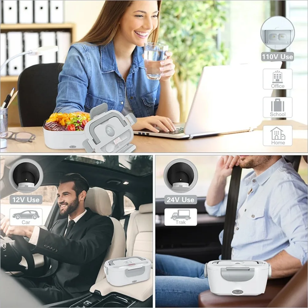 سخان صندوق الغداء الكهربائي 3 في 1 - تسخين سريع 12 فولت/24 فولت/110 فولت حاوية طعام محمولة للبالغين، سائقي الشاحنات وعمال المكاتب