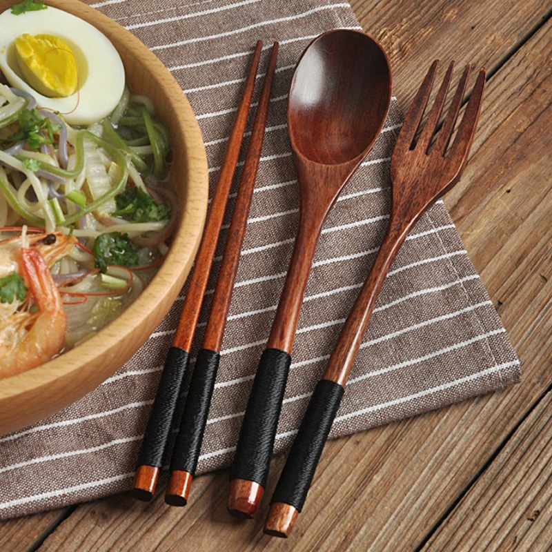 3 Pieces Tableware Natural Wood Dinnerware Spoon Chopsticks Fork Dinner Portable Tableware Grain Household Kitchen Cutlery Set