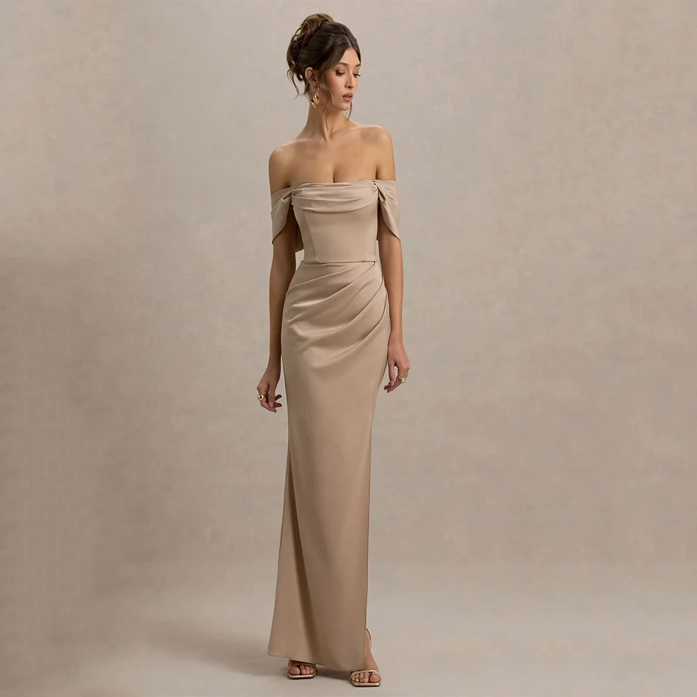 

Customized Classic Charmeuse Pleat Straight Off-the-shoulder Long Dresses Bespoke Occasion Dresses Simple Fashion High quality