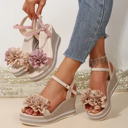Women Sandals Floral Pattern Bowknot Decor Platform Sandals Women Wedge Espadrilles High Heels Women Shoes Sandalias De Mujer