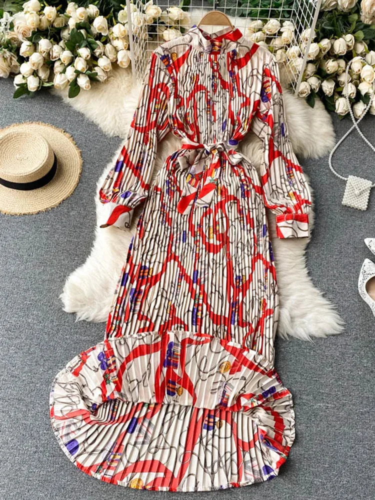 New Spring Retro Print Pleated Long Maxi Femininity Small Stand-Up Collar Puff Sleeve Slim Holiday Dress C293