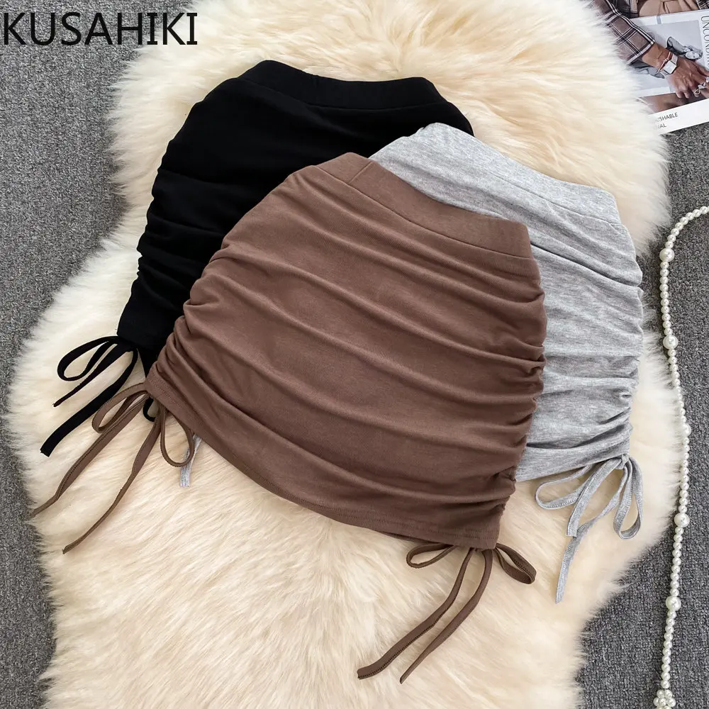 

KUSAHIKI Summer Sexy Bandage Drawstring Folds Skirts Women High Waist Slim Mini Skirt Faldas Mujer Moda 2023 New Bottoms Mujer