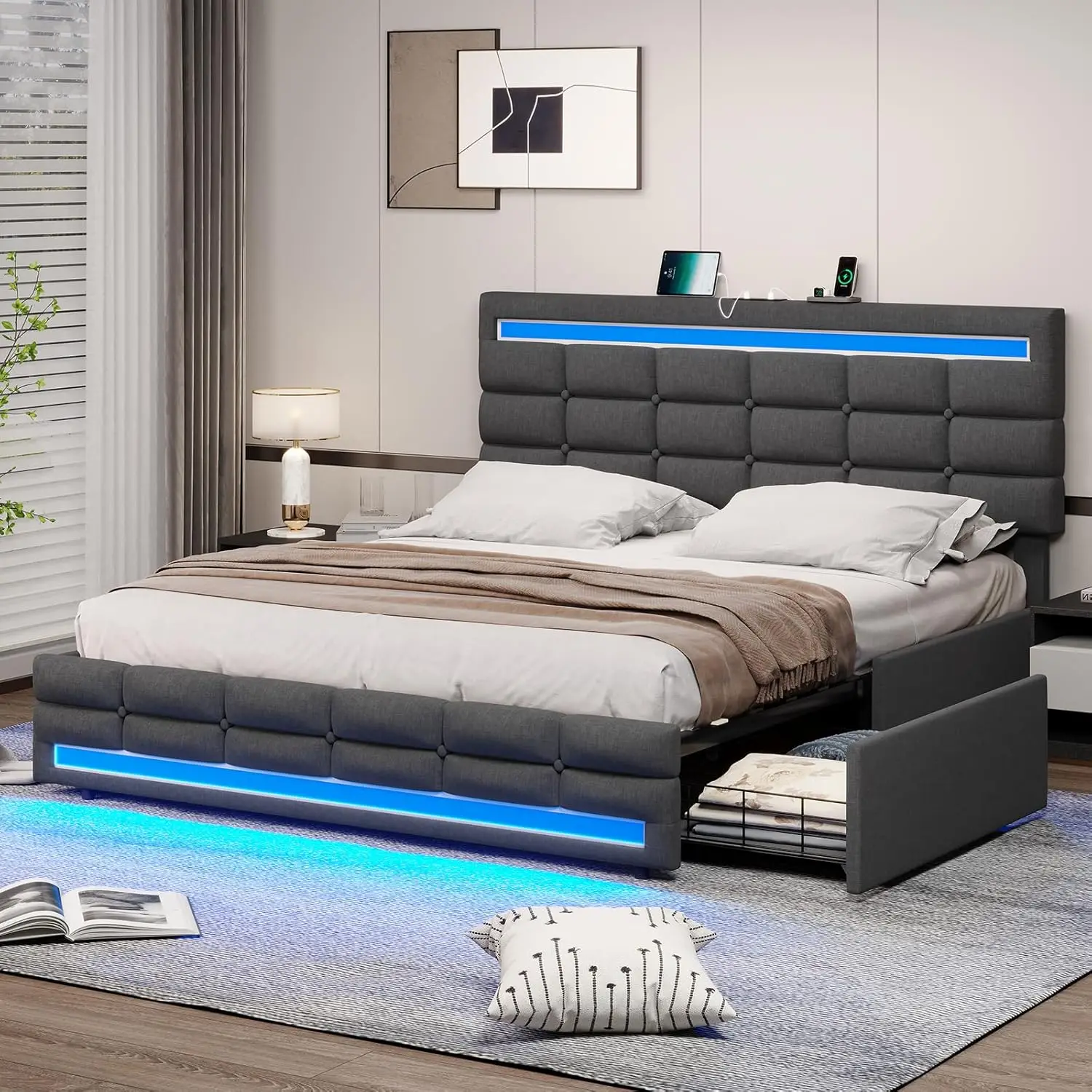 

Queen Bed Frame with LED Lights & 2 USB Charging Station,Frame with Storage,No Box Spring Needed,Noise Free,Dark Grey