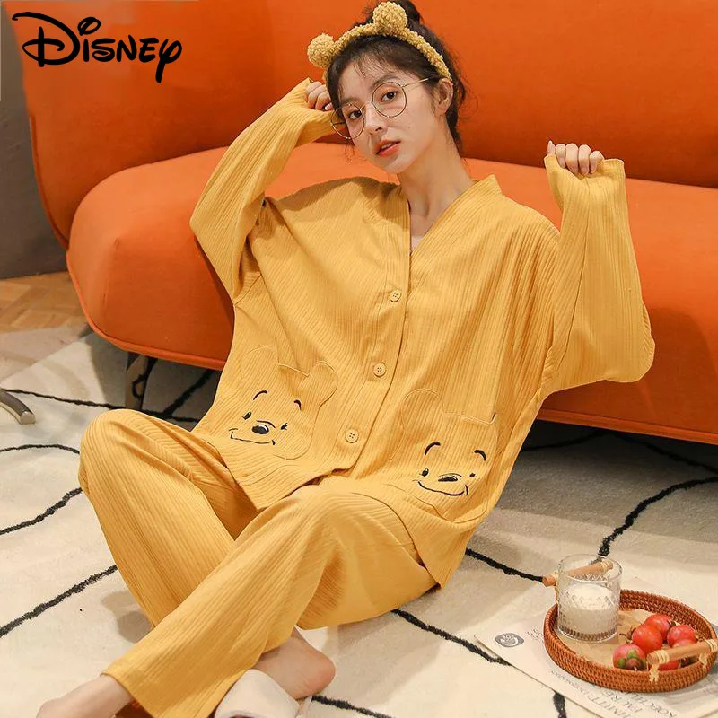 Disney Winnie The Pooh Sleepwear Women\'s Spring Autumn Long Sleeve Cardigan Set Japanese Style Sweet Soft Girl Home Clothes Suit