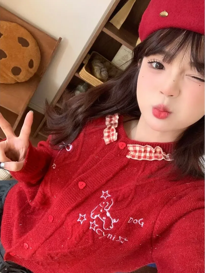 

Sweet Embroidered Dog Bowtie Knit Sweater Cardigan Jaet Anti-Aging Warm Cotton Blend Long Sve round Ne Casual Top