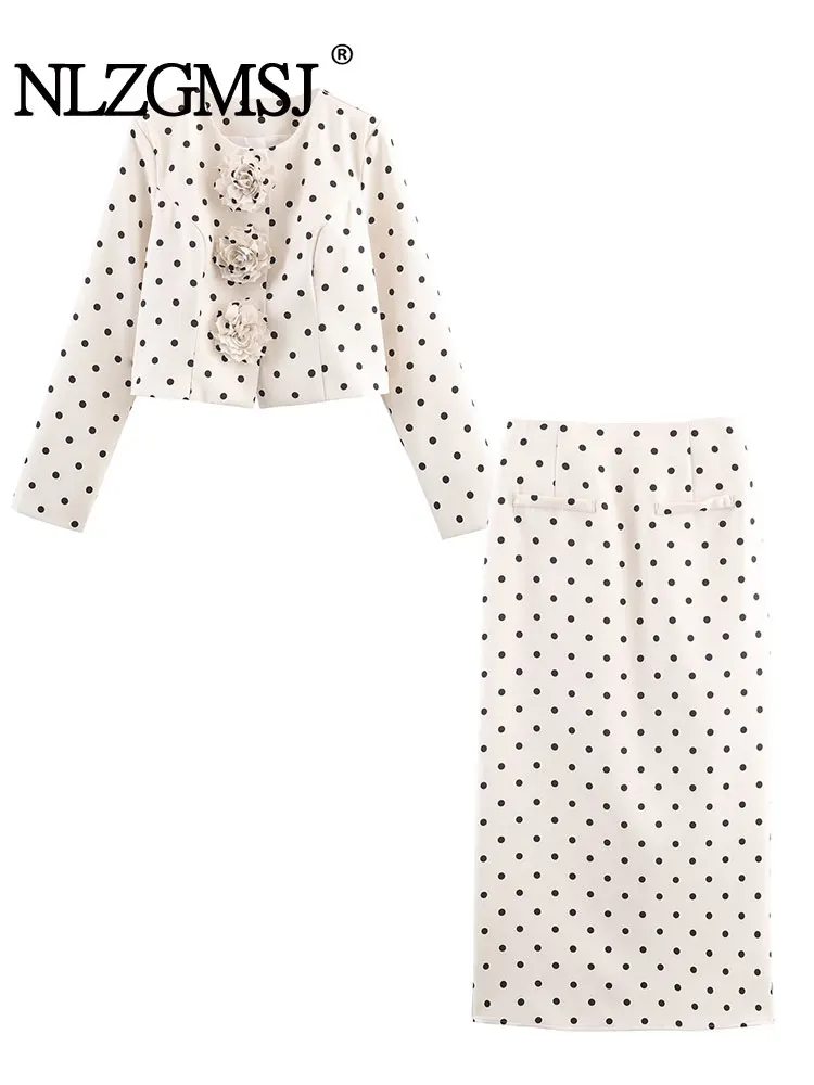 

NLZGMSJ Офисная одежда, женские комплекты в горошек, весенний плиссированный тонкий пиджак с длинными рукавами, OL, куртка, юбка-миди, женские костюмы