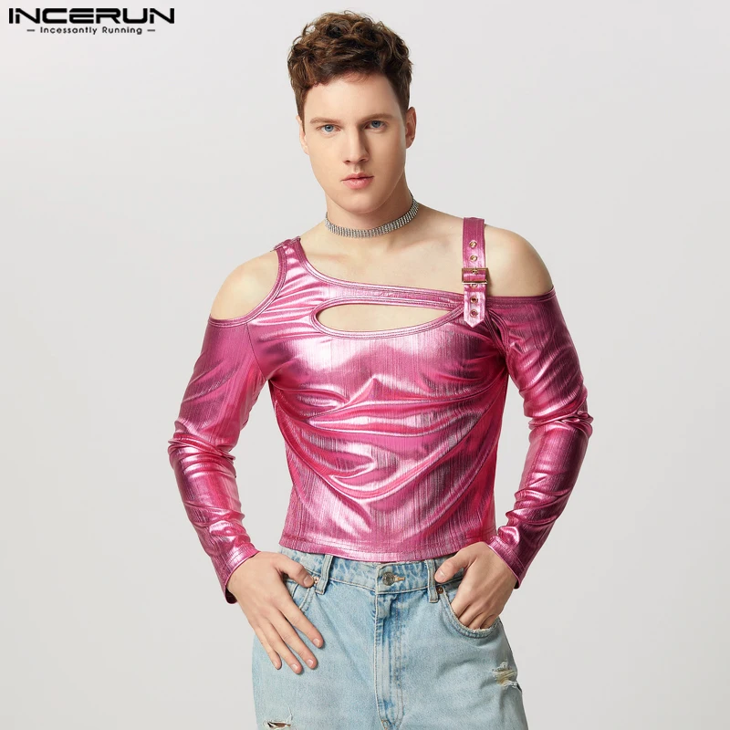 Fashion Casual Style Tops INCERUN New Men's Sparkling Fabric Pit Stripe Hollow T-shirts Sexy Off Shoulder Long Sleeved Camiseta