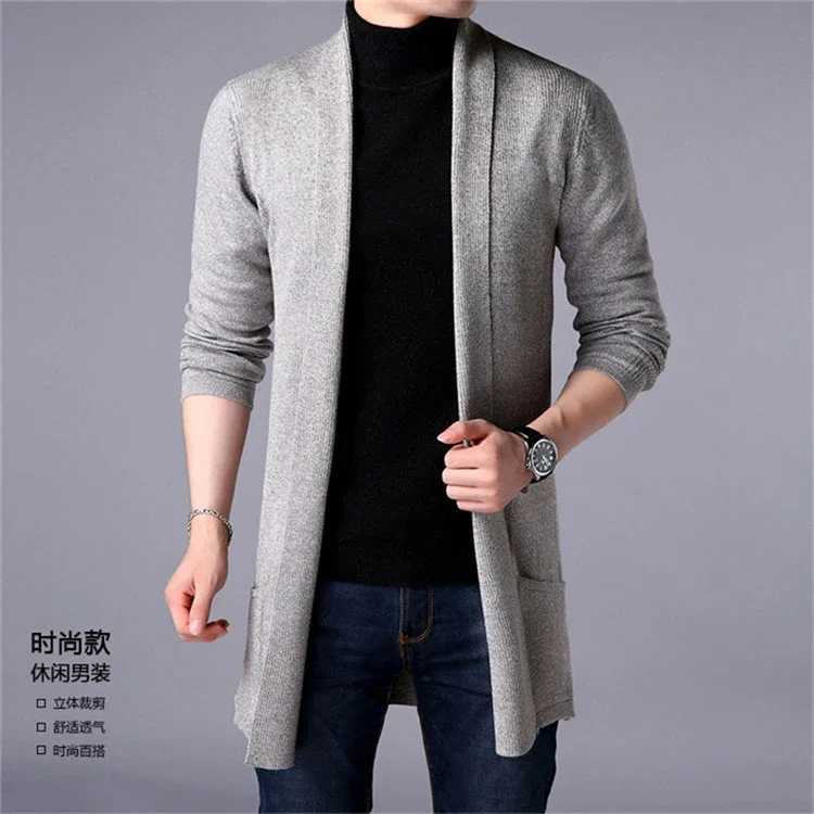 Men\'s Thin Long Style Cardigan Spring and Autumn X-long Knit Sweater Jackets Solid Color Sweatercoat