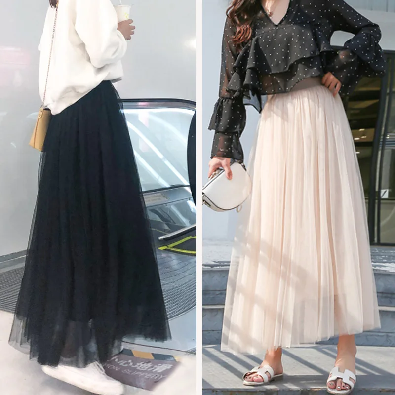 

High Waist Women Long Mesh Casual Maxi Skirt Ladies Slim A Line Pleated 3 Layer Mesh Party Princess Casual Femme Skirts Q100