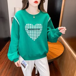 Women's Long Sleeve O-Collar Hoodies Fake Two Letter Printing Green Love, Thin, Classic, Long Sleeve, Autumn, Lady Top, Fashion