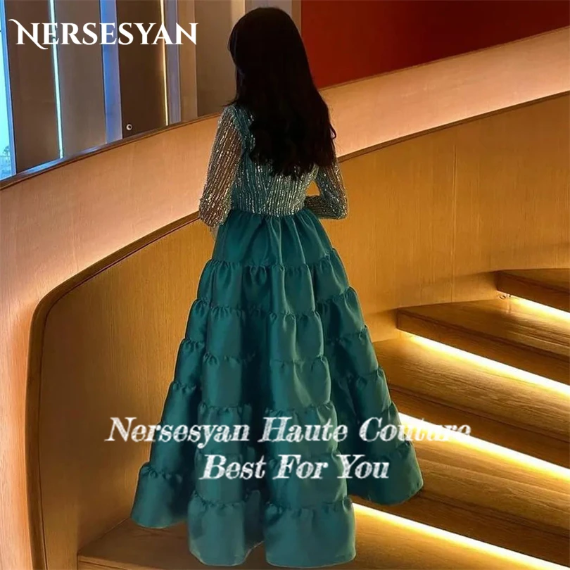 Nersesyan Glitter Satin Formal Evening Dresses Sequins Tulle Long Sleeves Party Gowns V-Neck A Line Draped Vestidos De Fiesta