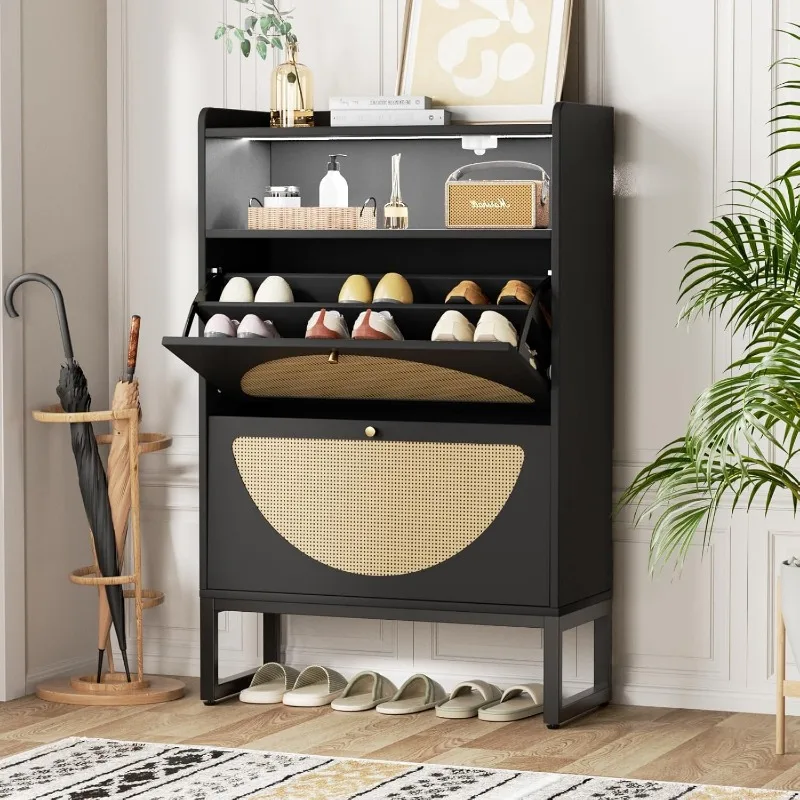 

Shoe Storage Cabinet, Rattan Shoe Cabinet with 2 Flip Drawers & Sensor Light for Entryway, Narrow Free Standing Shoe Racks