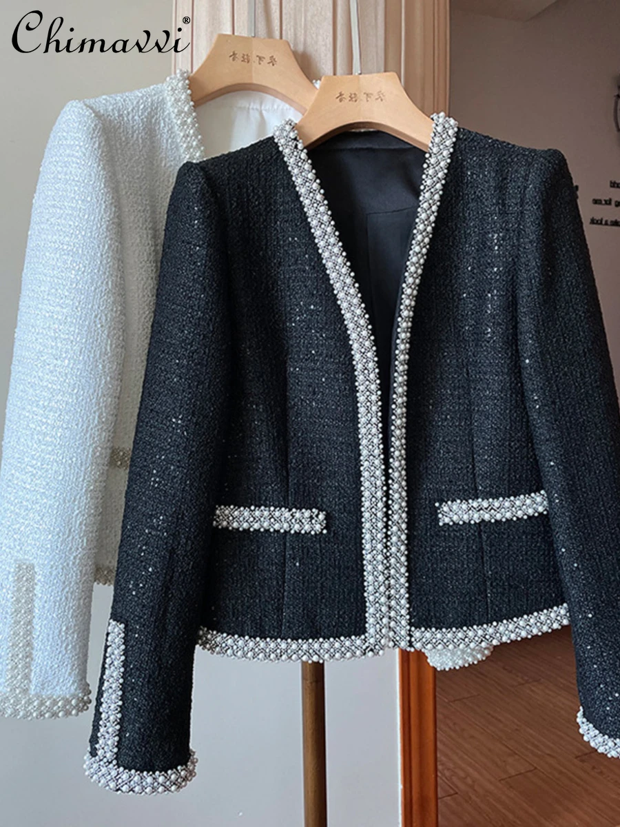 

Heavy Beads Fashion Sequins Tweed OL Woolen Blazer Coat Female 2024 Spring and Summer New Long-sleeve Elegant Jackets Top