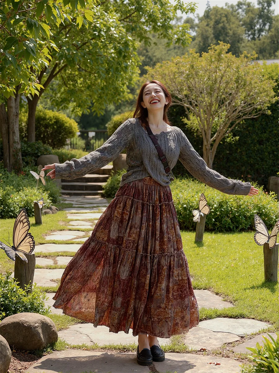 

Vintage Prints Long Skirts Womens A Line Pleated Mesh Layered Ruffle Hem Elegant High Waist Elastic Summer Flowy Skirt