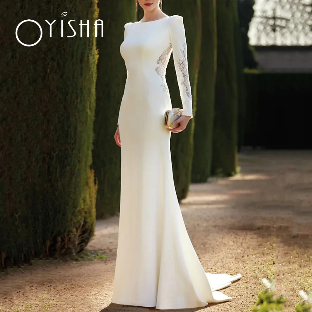 OYISHA Elegant Backless Mermaid Wedding Dresses Sweep Train Long Sleeve Jewel Neck White Stretch Satin Fabric 2023 Bridal Gown