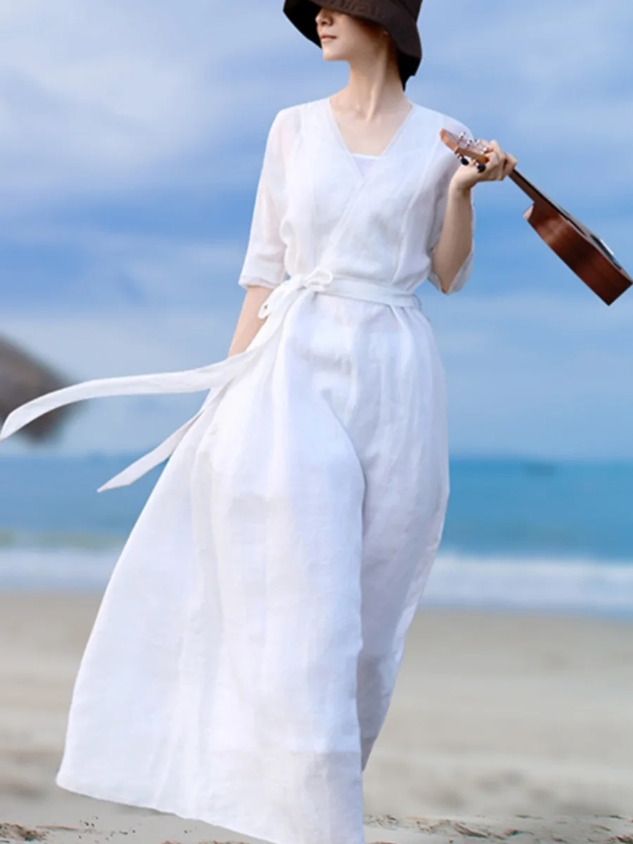 

Elegant White Linen Long Dress Women's Summer Beach Lazy Style Floaty Skirt A-Line Gown V-Neck Seven Sleeve Thin Fabric