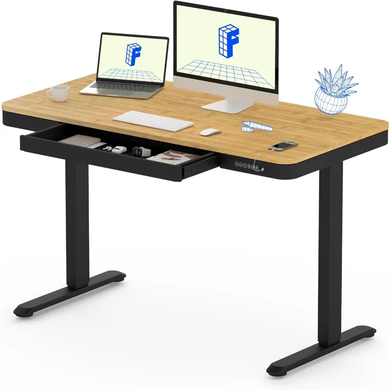 Electric Standing Desk with Drawer Desktop & Adjustable Frame W/USB Charge Ports (Bamboo Texture/Black  Wood)