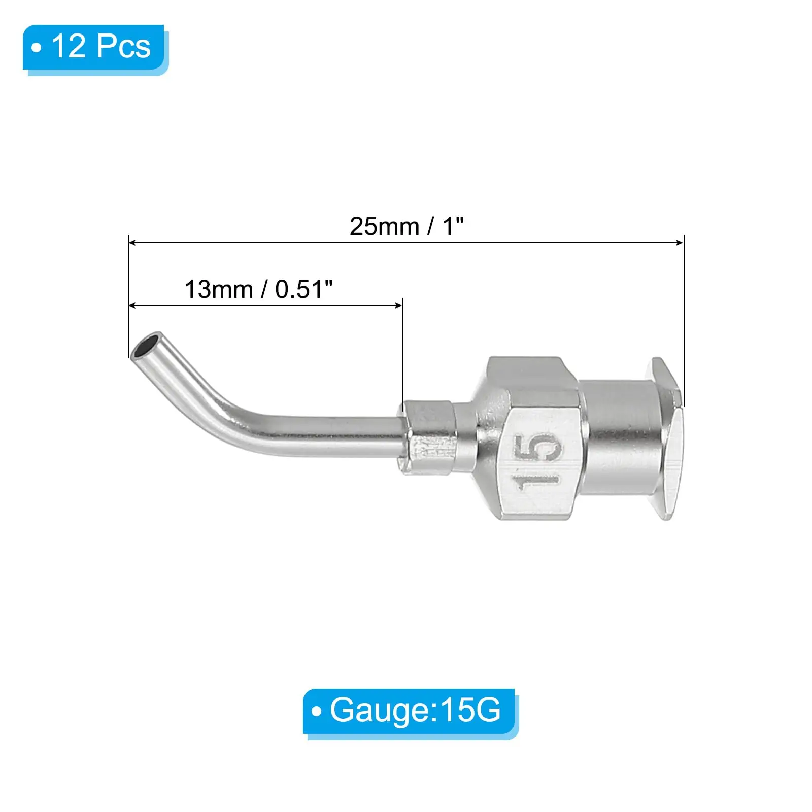 12Pack 0.5inch Curved 45°Dispensing Needles 15G-28G Silver Stainless Steel Blunt Tip 45 Degrees Bent Dispensing Tips