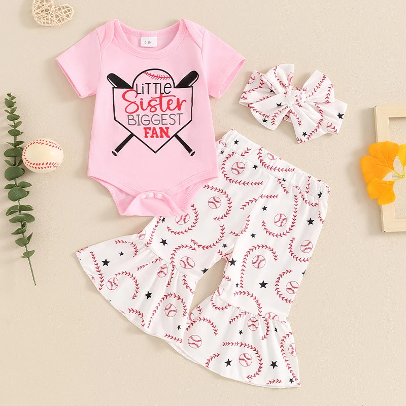 Newborn Baby Girl Baseball Outfit Little Sister Biggest Fan Romper Flared Pants Headband 3Pcs Summer Clothes Set