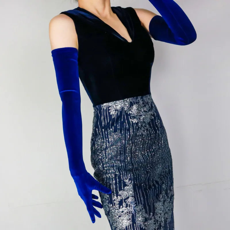 70 cm lange Samthandschuhe für Damen, elastischer Velours, Flanell, hautfreundlich, thermisch, elegante Armstulpen, sexy Vintage-Mode, 1920er Abendmode – Detail 7