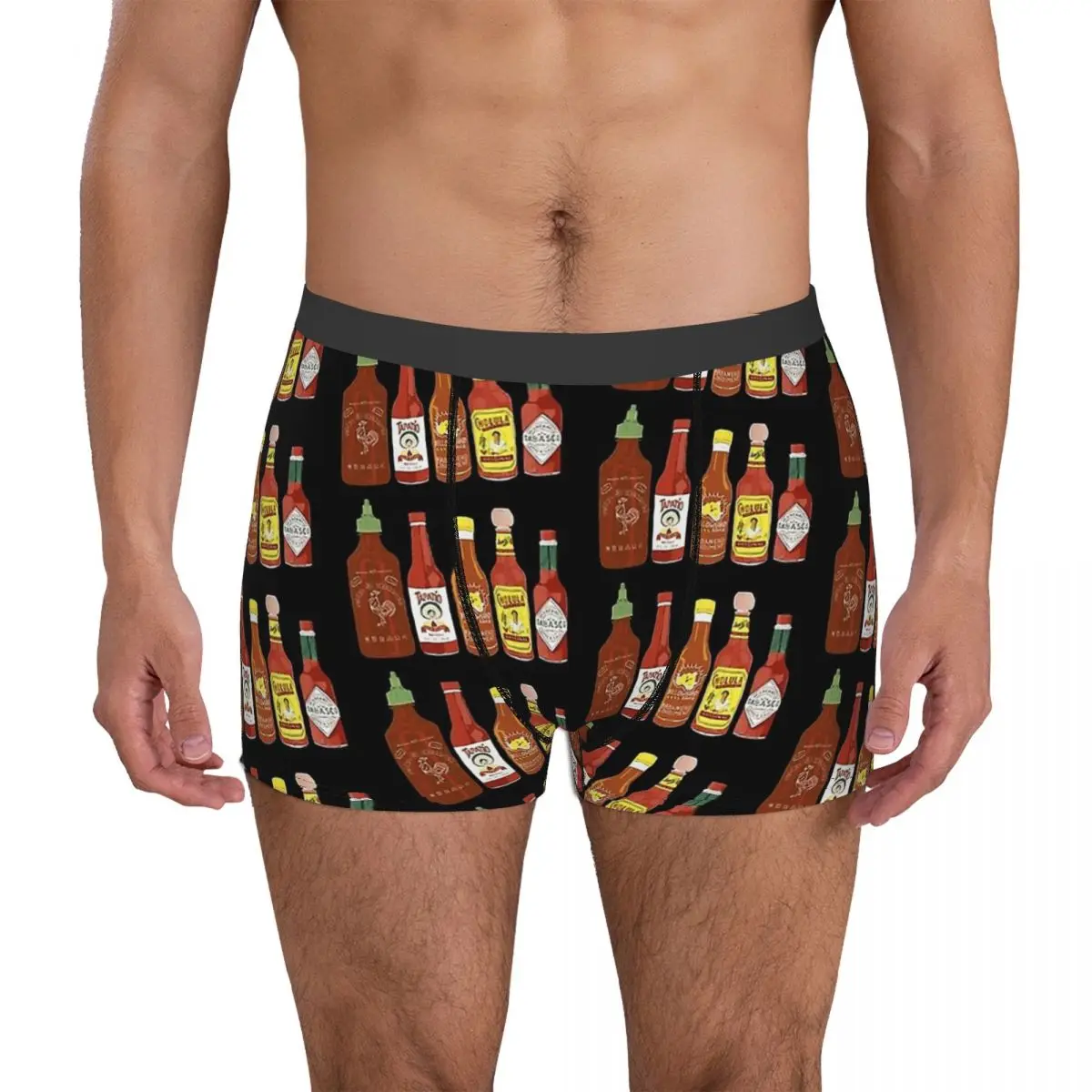 Spicy Check Out These Hot Sauces On Black Background Underpants Homme Panties Men's Underwear Print Shorts Boxer Briefs