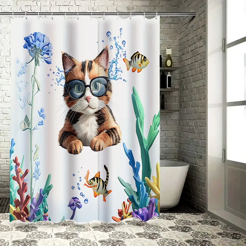Underwater World Cute Cat Shower Curtain for Bathroom Decor - Creative and Fun Design Easy to Install and Maintain Easy-Clean